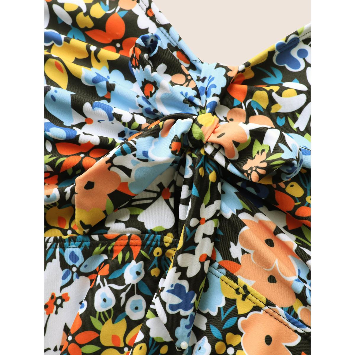 Plus Size Colored Floral Print Knotted Gathered Swim Top Women's Swimwear Multicolor Resort Knotted High stretch Bodycon V-neck Curve Swim Tops BloomChic 30/6X Product Image