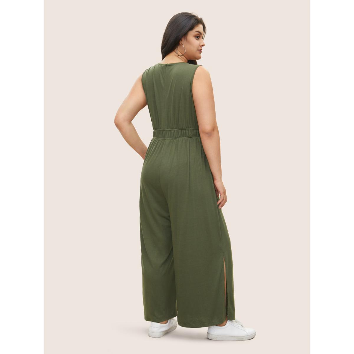 Plus Size ArmyGreen Solid Split Side Pocket Bowknot Tank Jumpsuit Women Casual Sleeveless V-neck Everyday Loose Jumpsuits BloomChic 22-24/3X Product Image