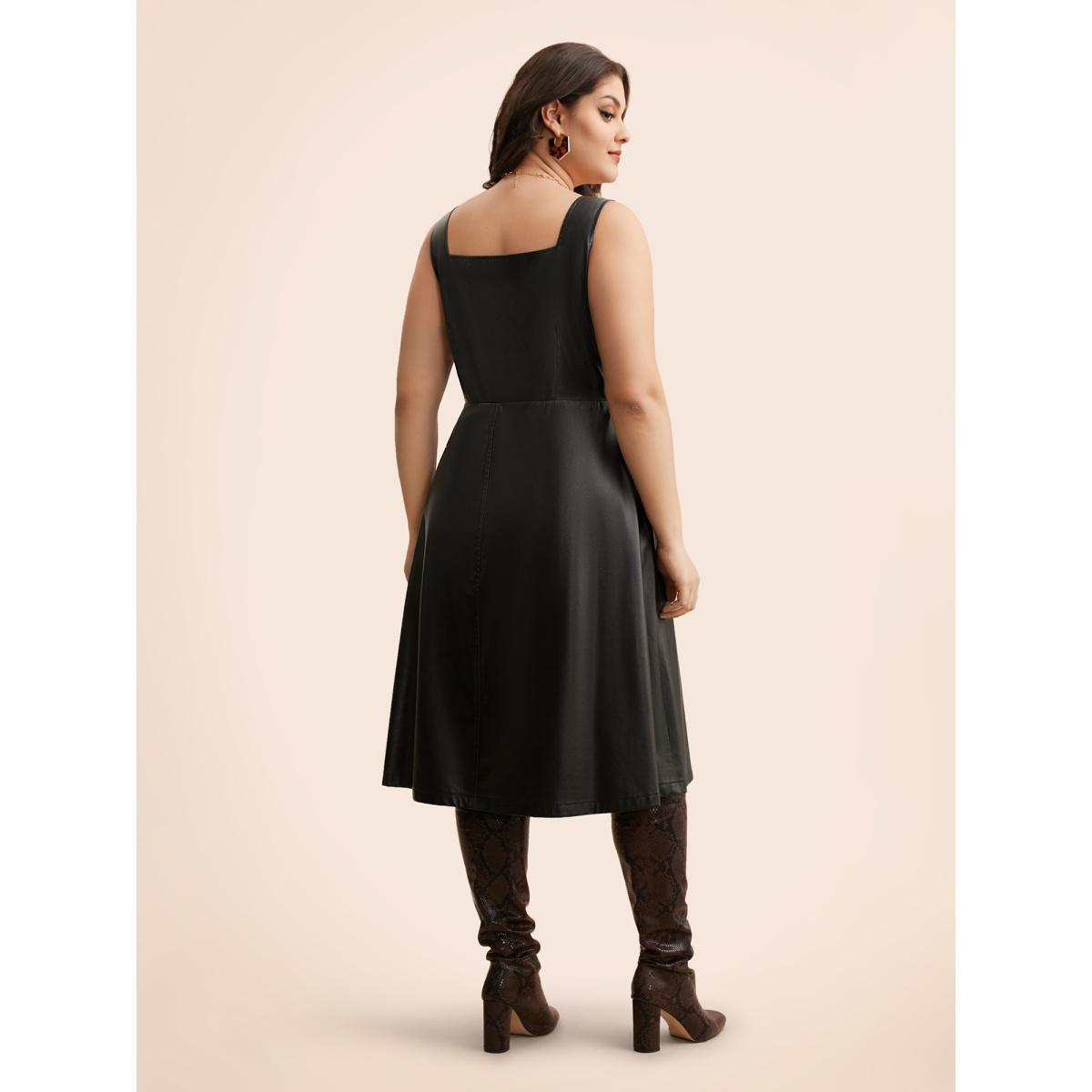 Plus Size Solid PU Leather Laser Cut Dress Black Women Elegant Texture Square Neck Sleeveless Curvy BloomChic 30/6X Product Image