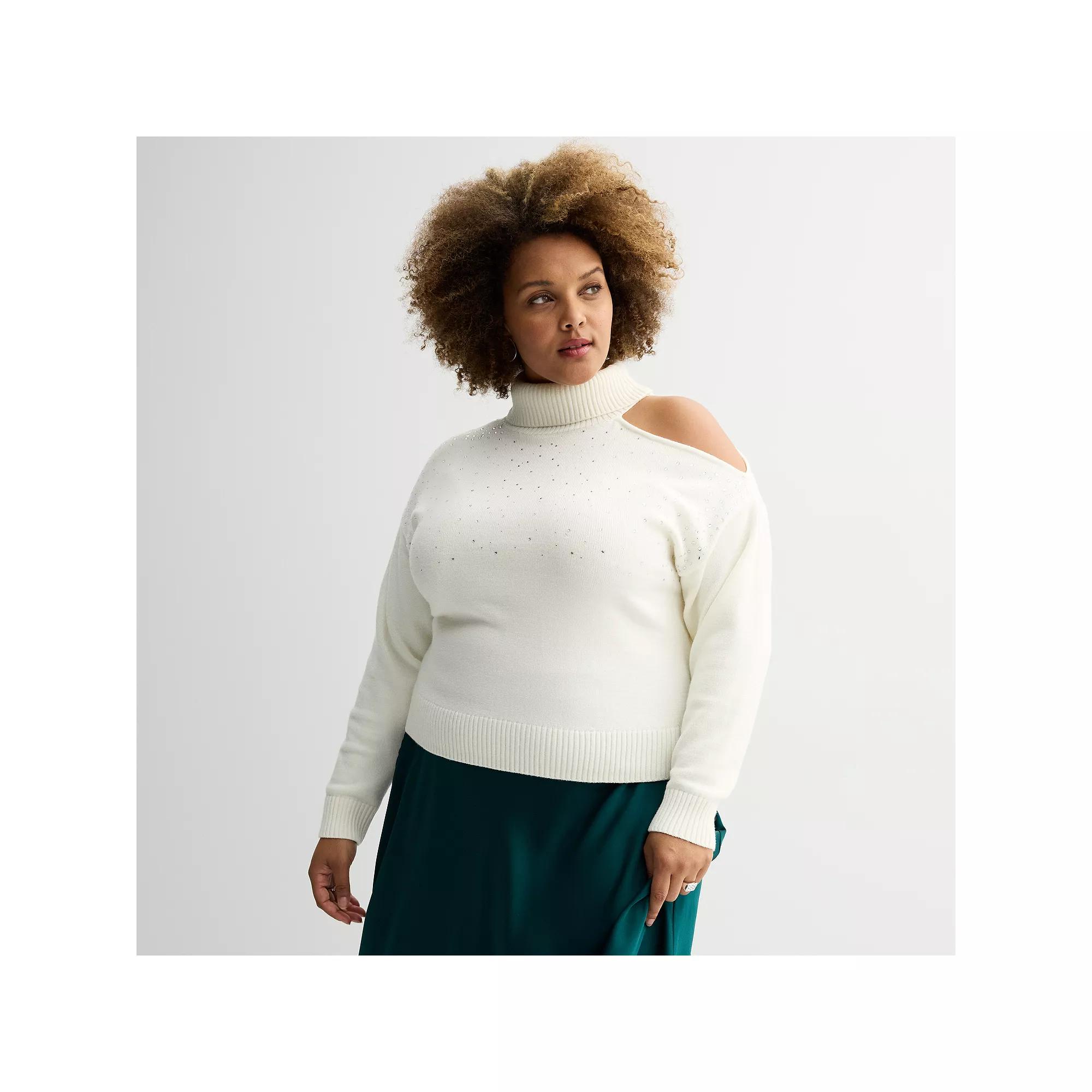 Plus Size INTEMPO™ Long Sleeve Turtleneck Cut Out Sweater, Women's, Size: 4XL, White Product Image