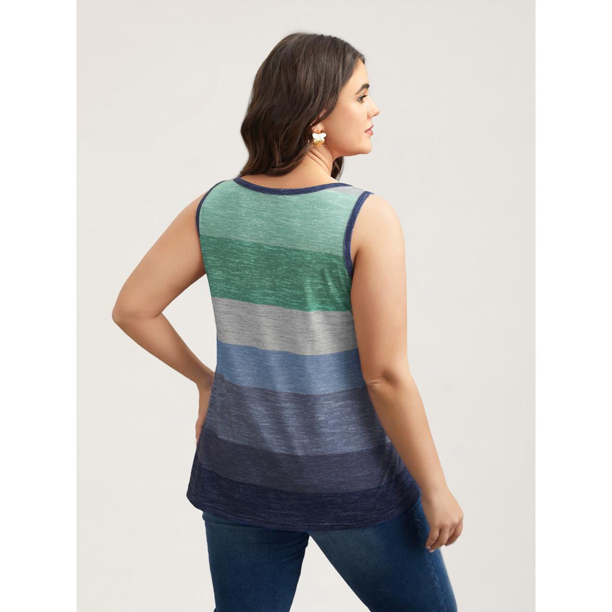 Plus Size Multi-Color Stripes Off-Sleeves Vest Women Emerald Leisure Contrast Notched collar Casual Tank Tops Camis BloomChic 18-20/2X Product Image