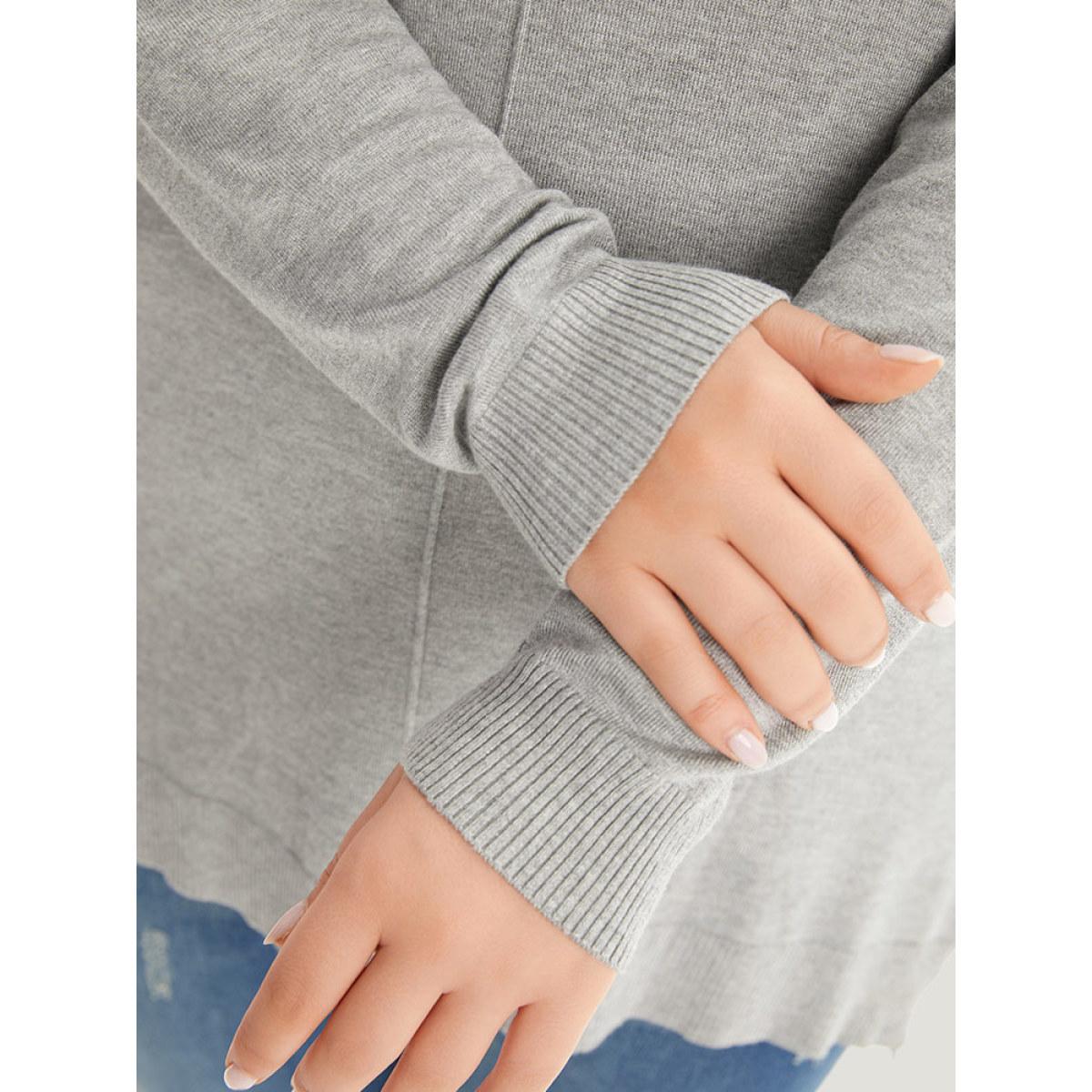 Plus Size Supersoft Essentials Plain Patchwork Split Side Pullover LightGray Women Casual Loose Long Sleeve V-neck Everyday Pullovers BloomChic 18-20/2X Product Image