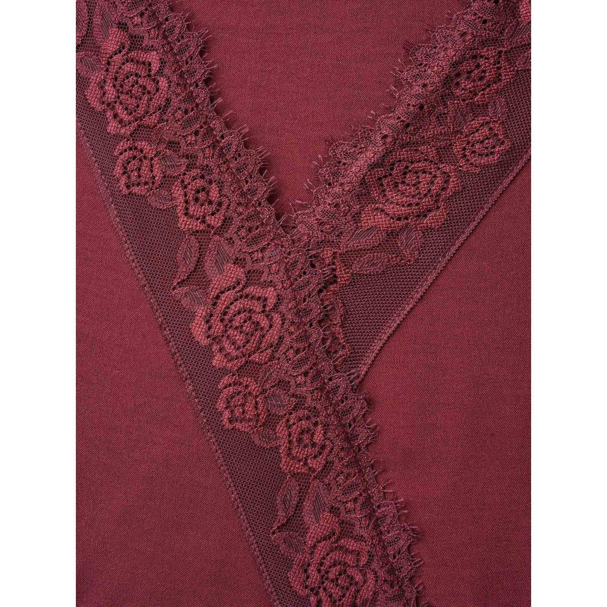 Plus Size Lace Detail Surplice Neckline Midi Dress Burgundy Women Elegant Woven ribbon&lace trim Overlap Collar Long Sleeve Curvy BloomChic 10/M Product Image