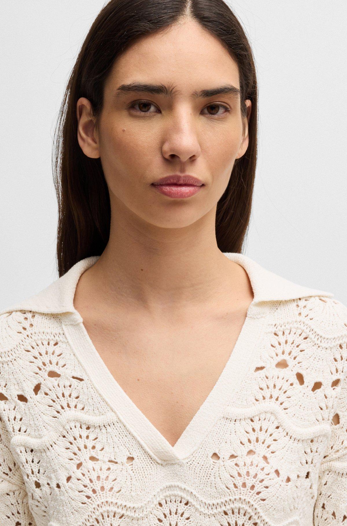 BOSS - Johnny-collar sweater with open-knit structure - White Product Image