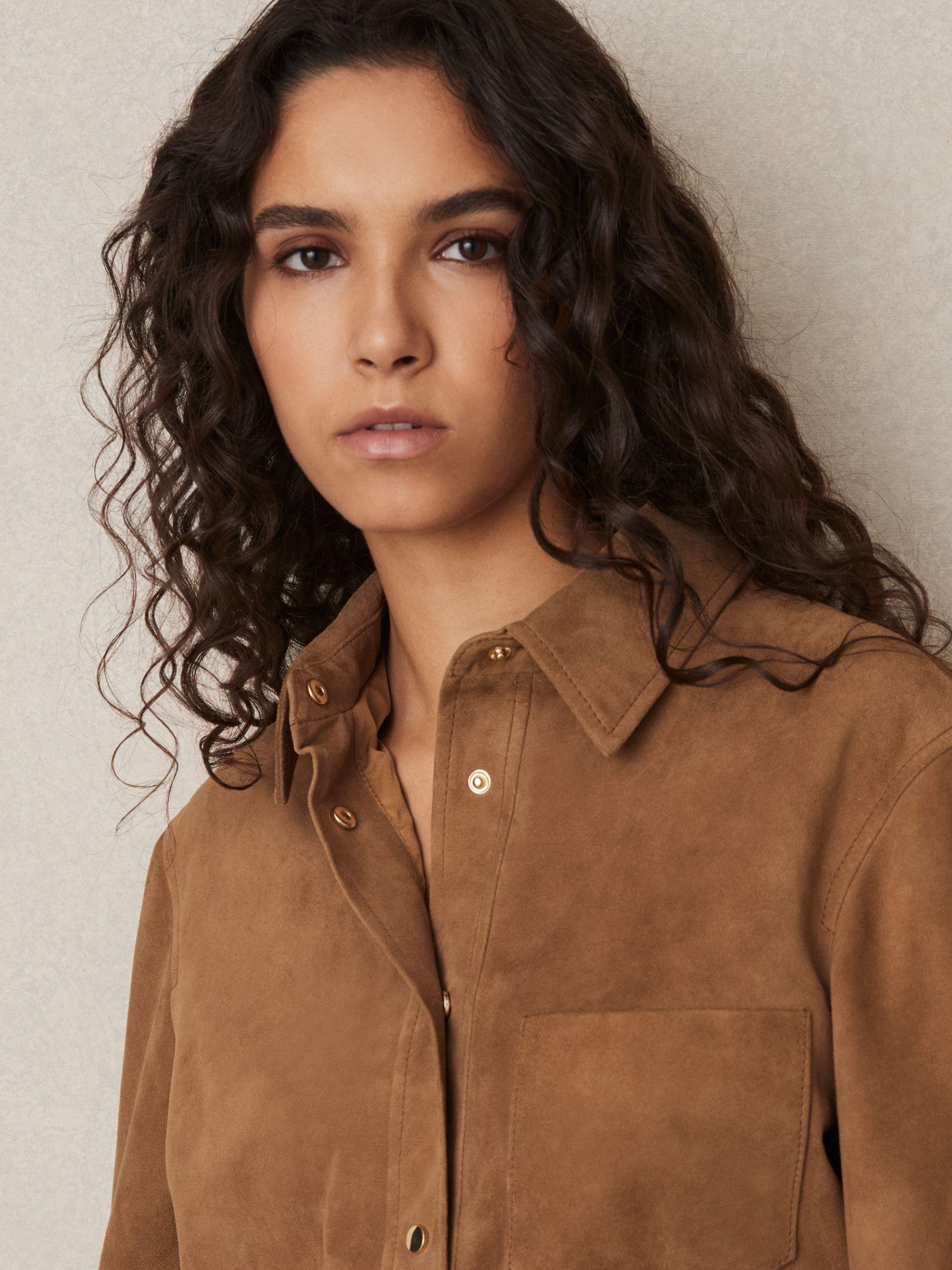 Suede Press-Stud Cropped Shirt in Tan Product Image