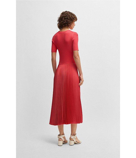 BOSS by Hugo Boss Fadridi Knit Crew Neck Short Sleeve Pleated Midi Dress Product Image