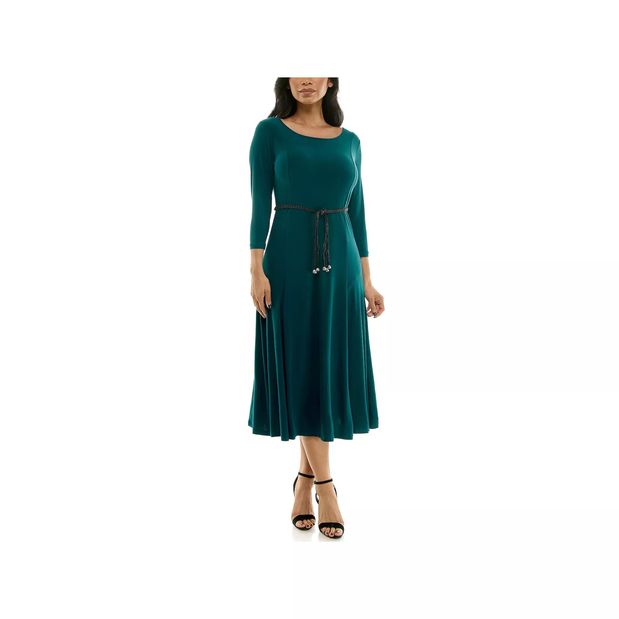 Women's Nina Leonard Sylvia Three-Quarter Sleeve Belted Midi Dress,  Product Image