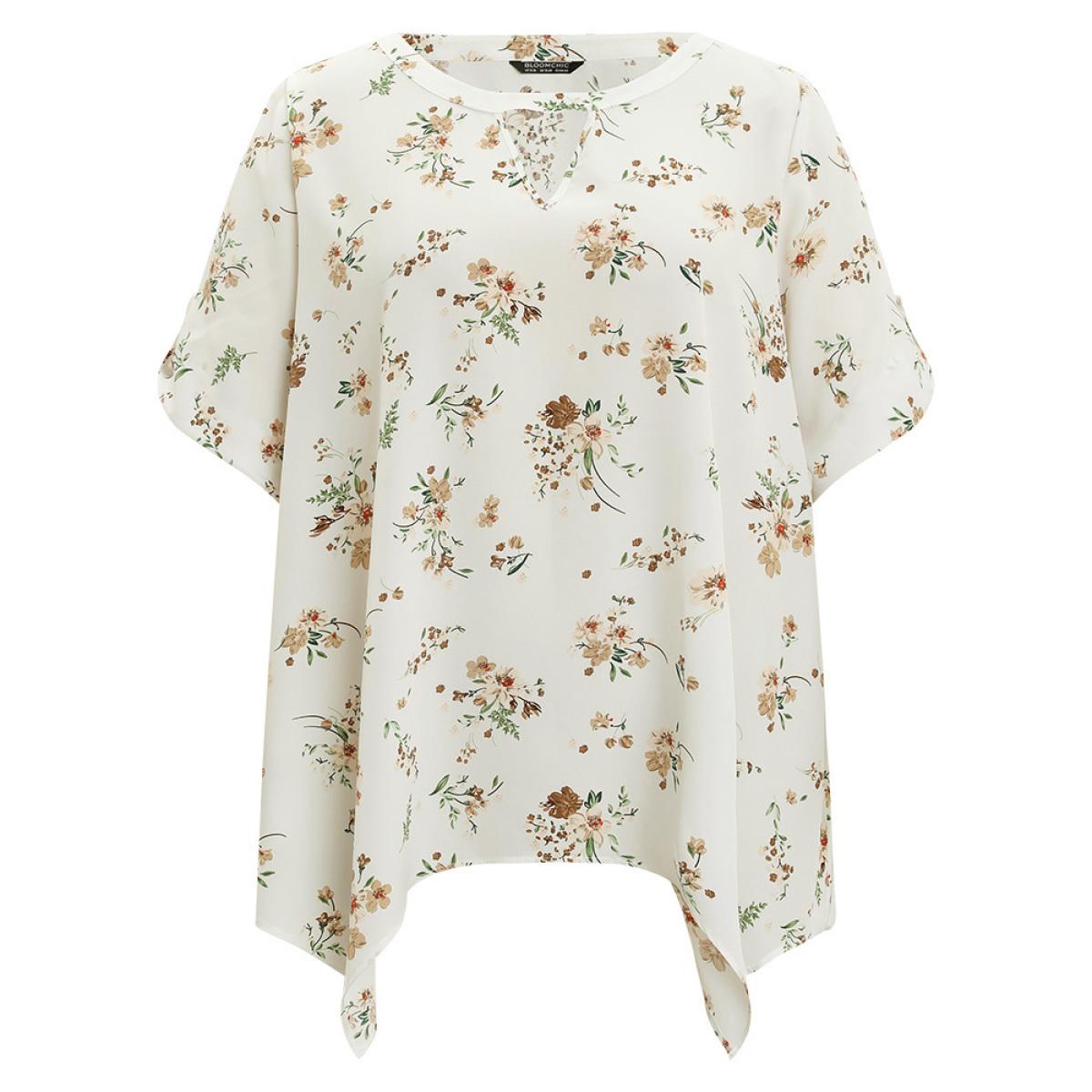 Plus Size White Floral Cuffed Sleeve Hanky Hem Keyhole Neck Blouse Women Elegant Half Sleeve V-neck Dailywear Blouses BloomChic 12/L Product Image