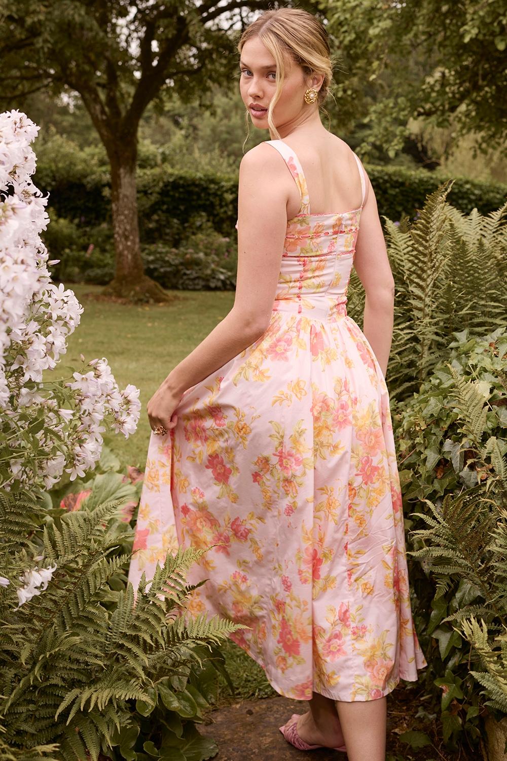 Vivien  peach poppy print cotton midi sundress Product Image
