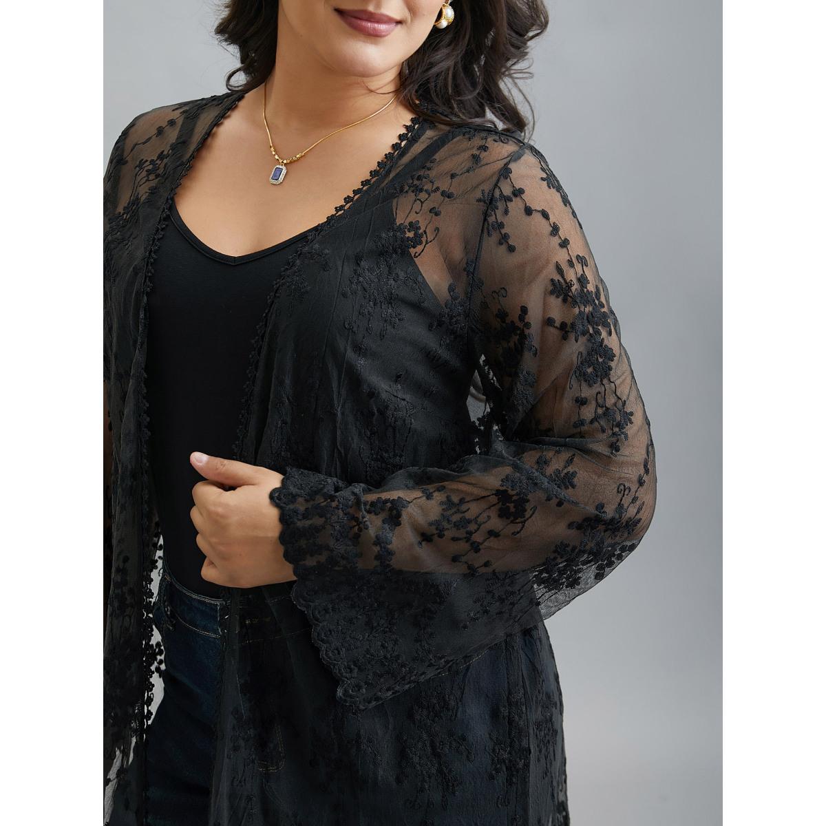 Plus Size Lace Embroidered Sheer Open-Front Kimono Women Black Elegant Woven ribbon&lace trim Loose Everyday Kimonos BloomChic 22-24/3X Product Image