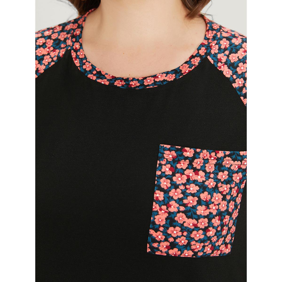 Plus Size Supersoft Essentials Ditsy Floral Raglan Sleeve Patched Pocket Dress Black Women Casual Plain Round Neck Short sleeve Curvy Midi Dress BloomChic 14-16/1X Product Image