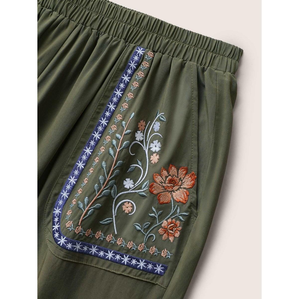 Plus Size Floral Embroidered Elastic Waist Slanted Pocket Pants Women ArmyGreen Resort Loose High Rise Vacation Pants BloomChic 22-24/3X Product Image