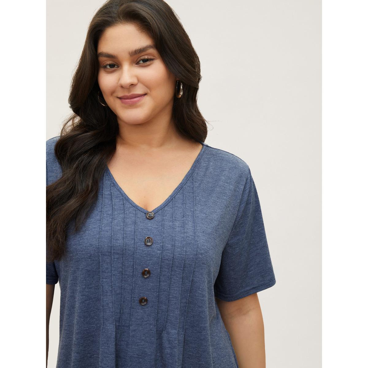 Plus Size Solid Pleated Front Button Detail V Neck T-shirt Stone Women Casual Button Plain Everyday T-shirts BloomChic 10/M Product Image