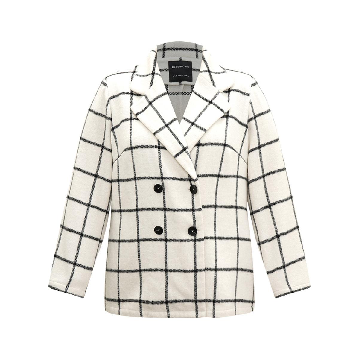 Plus Size Plaid Double Breasted Suit Collar Blazer White Women Dailywear Striped Contrast Sleeve Long Sleeve Suit Collar 12/L Elegant Blazers BloomChic Product Image
