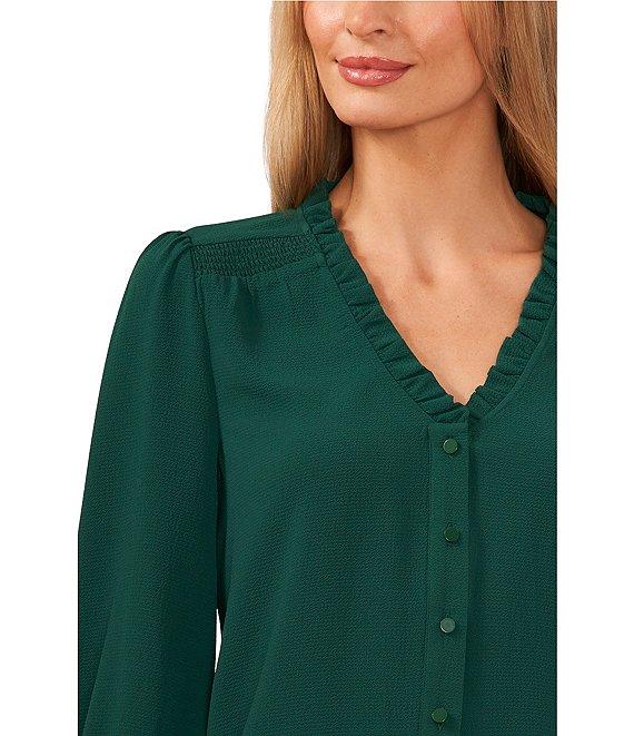 CeCe Woven V-Neck 3/4 Sleeve Ruffled Blouse Product Image
