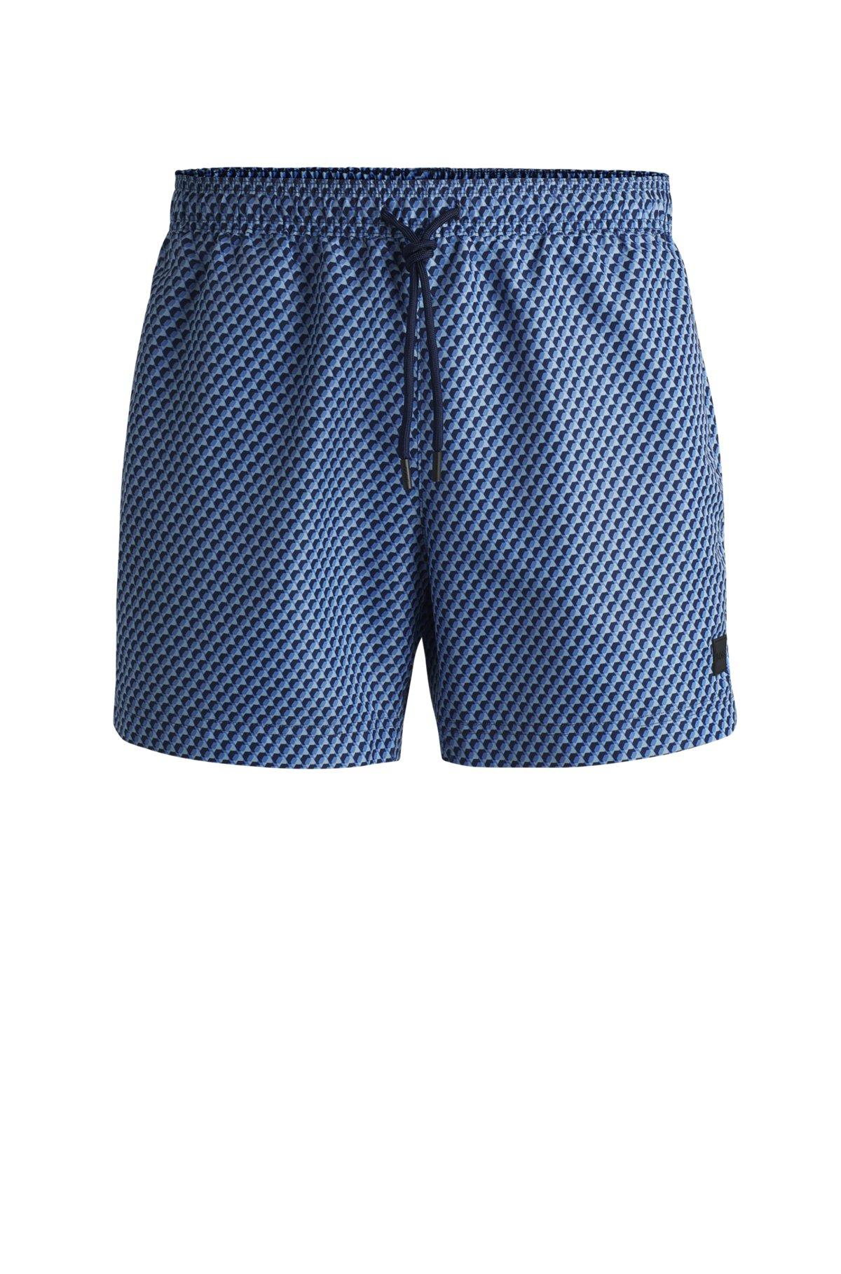 BOSS - Drawstring-waist swim shorts with all-over print - Blue Product Image