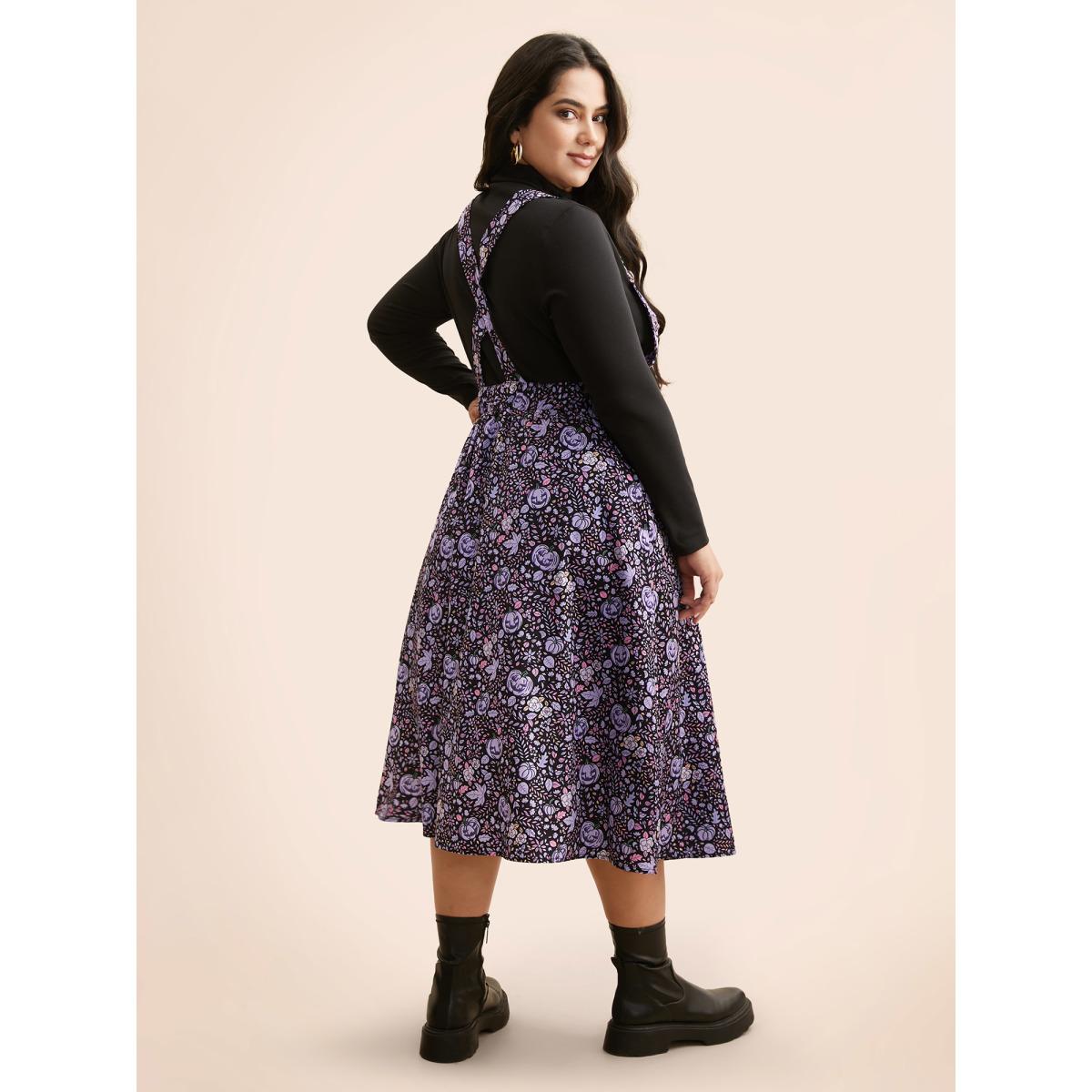 Plus Size Pumpkin Print Suspender Midi Dress BlueViolet Women Casual Non Party Curvy Bloomchic 28/5X Product Image