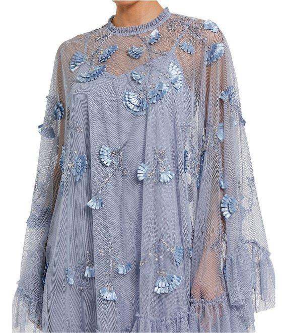 Mac Duggal Mock Neck Long Flared Sleeve Mesh A-Line Mini Dress Product Image