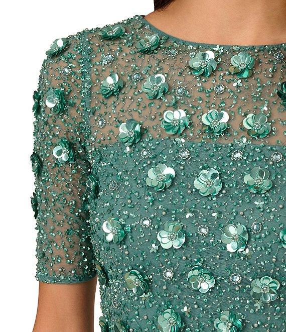 Adrianna Papell Floral Beaded Mesh Round Neck Short Sleeve Gown Product Image
