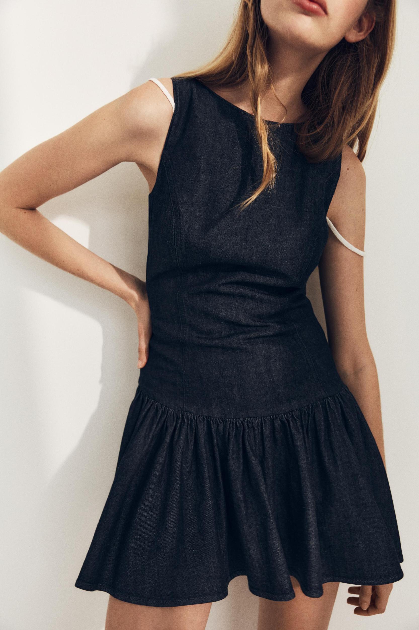 DENIM EFFECT RUFFLE MINI DRESS Product Image