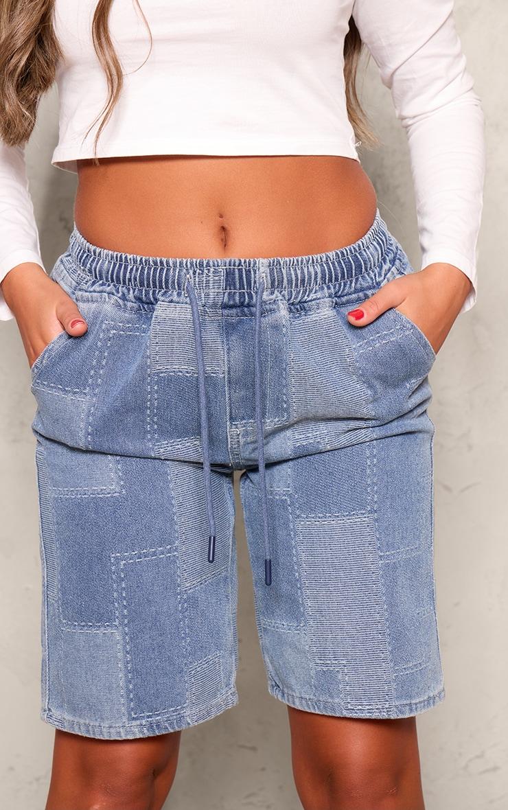 Mid Blue Wash Textured Longline Denim Shorts Product Image