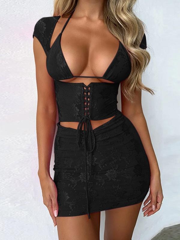 Halter Vest Lace Tie Up Slim Mini Skirt Two Piece Product Image