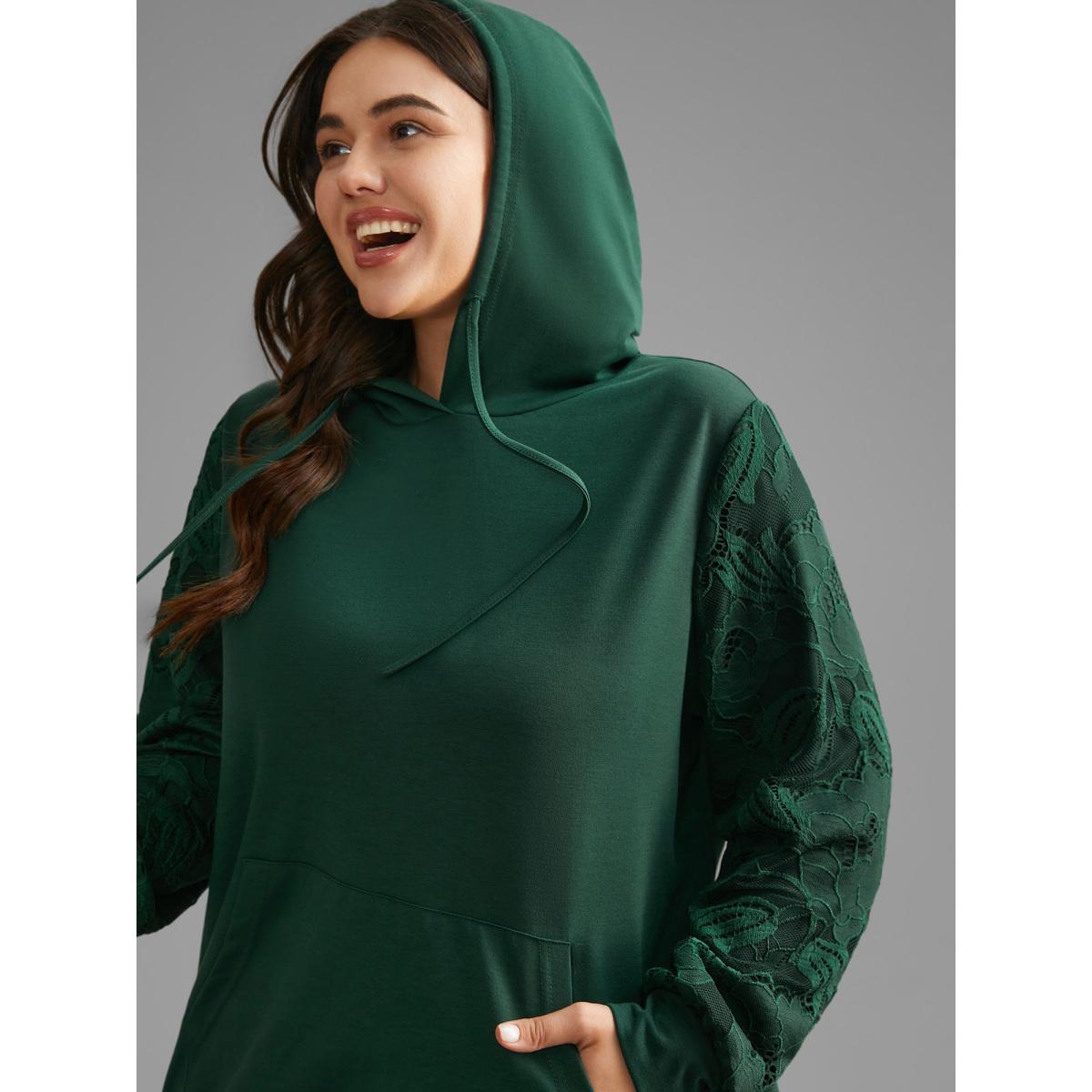 Plus Size Lace Patchwork Pocket Hooded Drawstring Sweatshirt Women DarkGreen Casual Patchwork Hooded Everyday Sweatshirts BloomChic 26/4X Product Image