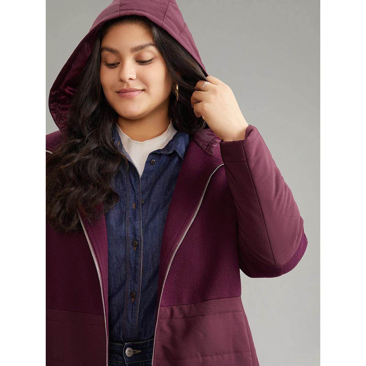 Plus Size Plain Patchwork Zipper Padded Hooded Coat Women Burgundy Casual Lined Ladies Dailywear Winter Coats BloomChic 30/6X Product Image