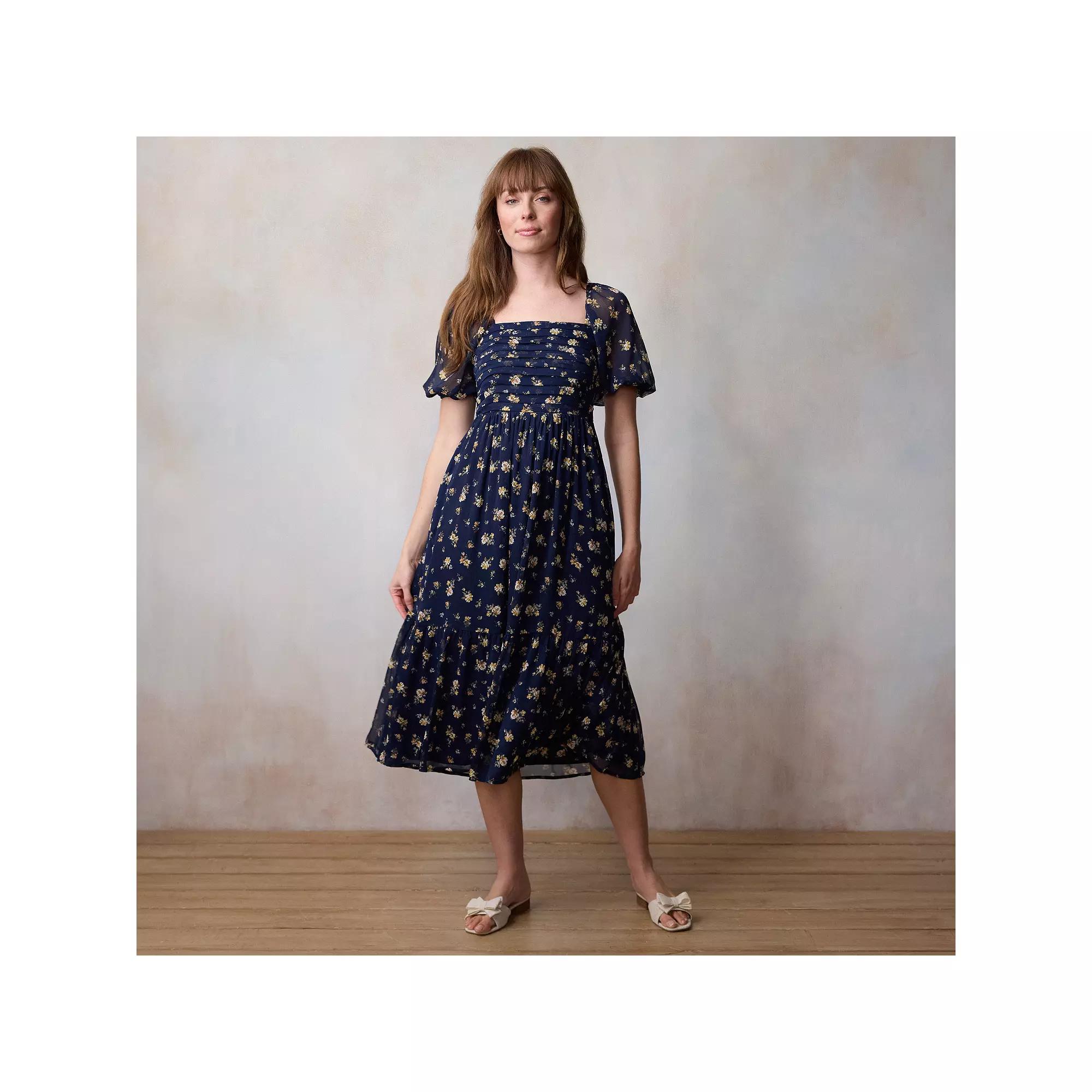 Women's LC Lauren Conrad Square Neck Pleated Bodice Midi Dress, Size: XS, Blue Rosa Blooms Product Image