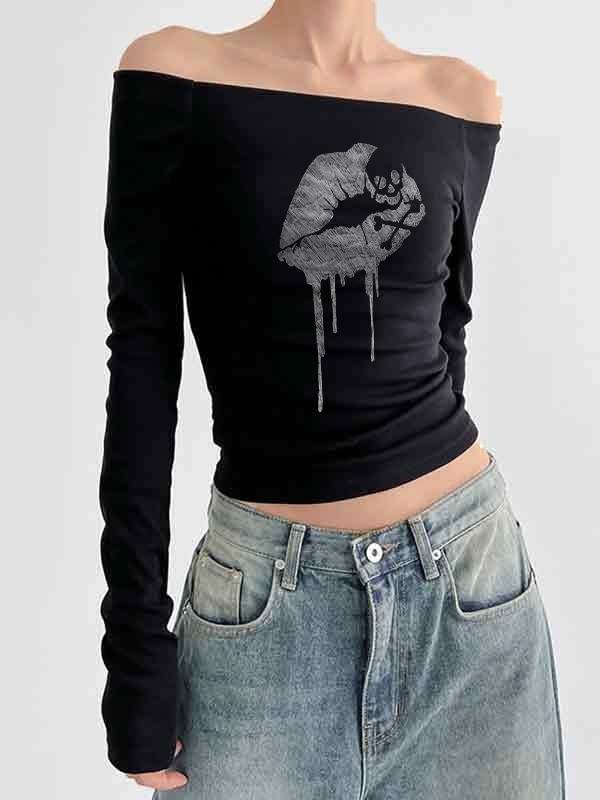 Off Shoulder Lip Skull Print Long Sleeve Tee Product Image