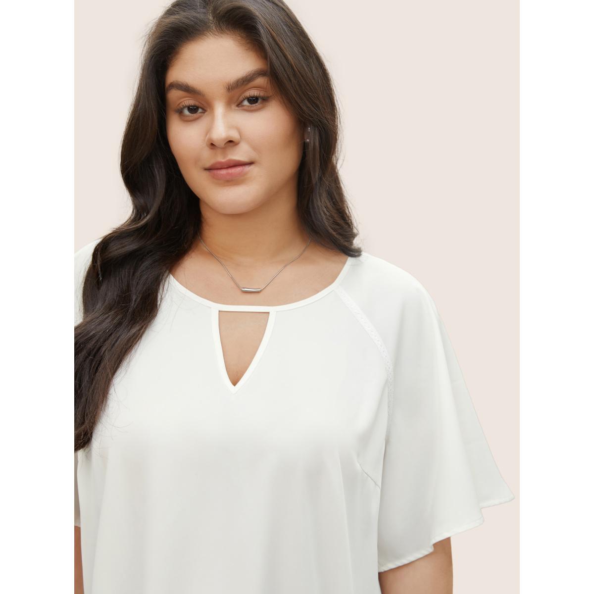 Plus Size Ivory Solid Lace Panel Keyhole Ruffle Sleeve Blouse Women Work From Home Short sleeve Round Neck Work Blouses BloomChic 28/5X Product Image
