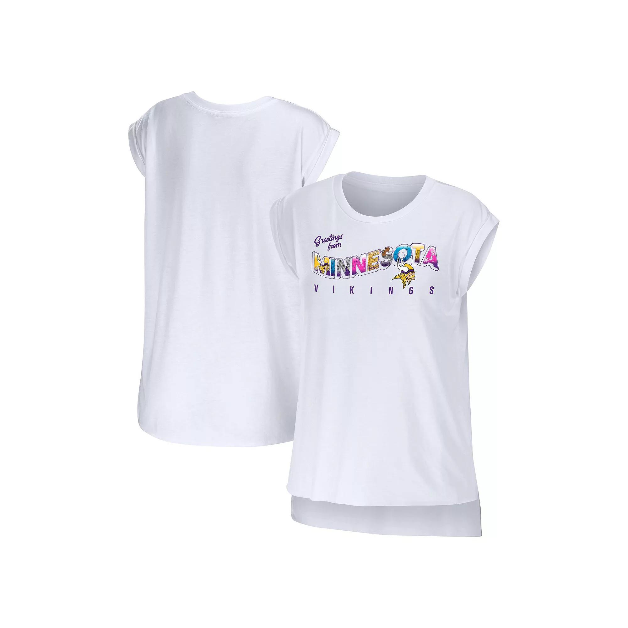 Women's WEAR by Erin Andrews White Minnesota Vikings Greetings From Muscle T-Shirt,  Product Image