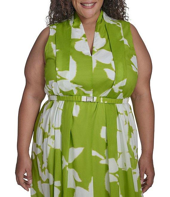 DKNY by Donna Karan Plus Size V-Neck Printed Fit and Flare Midi Dress Product Image