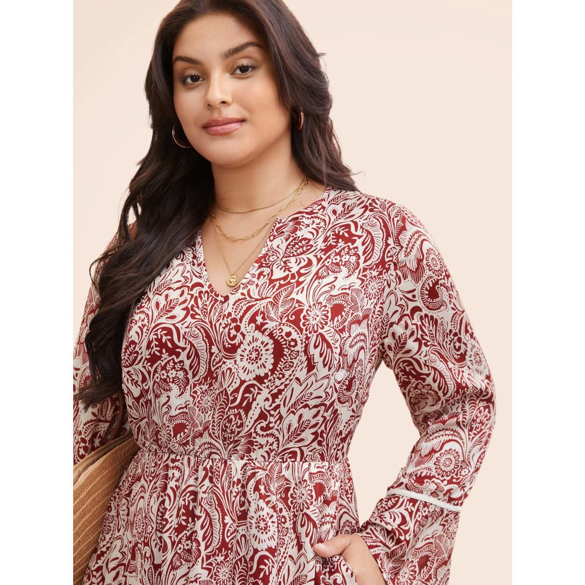 Plus Size Bandana Woven Ribbon Bell Sleeve Dress Scarlet Women Resort Woven ribbon&lace trim Notched collar Long Sleeve Curvy BloomChic 28/5X Product Image