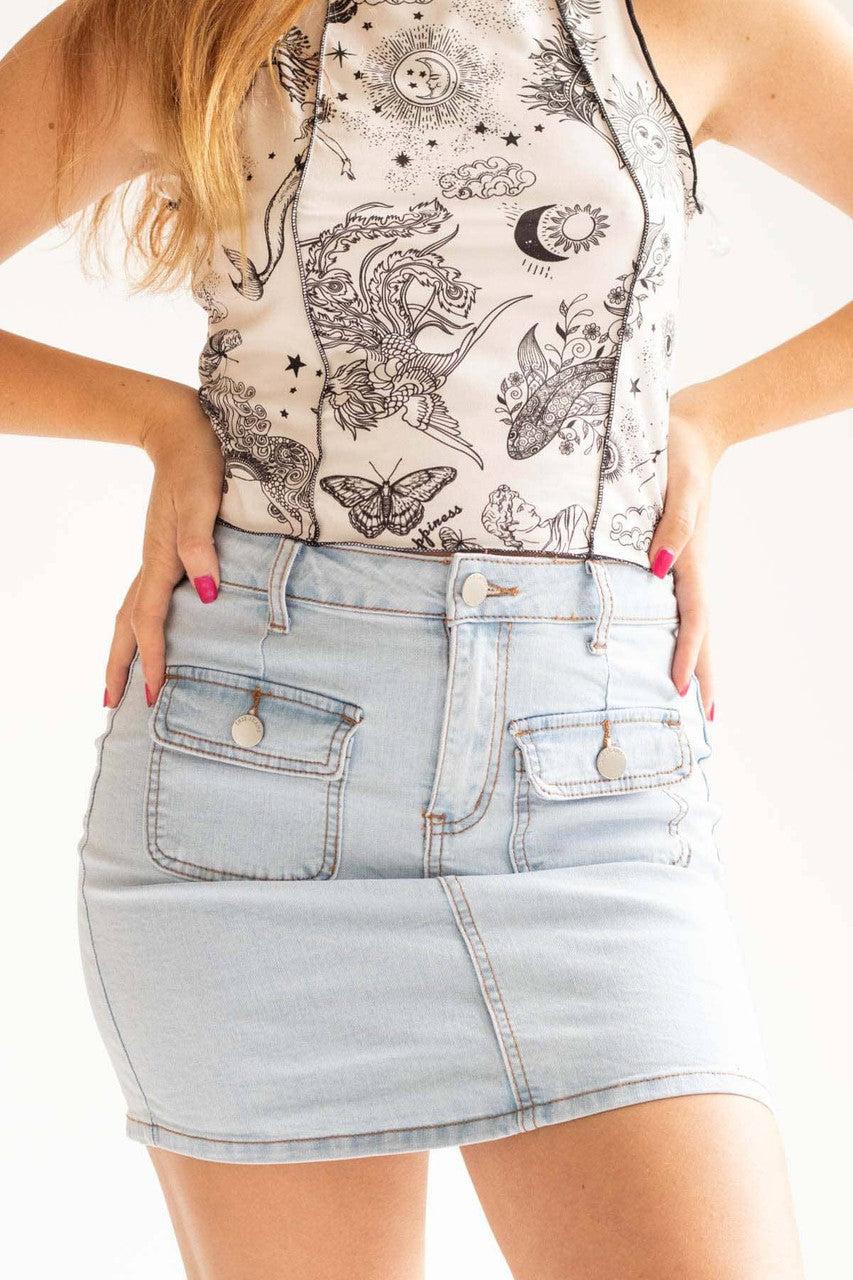 Light Wash Double Flap Pocket Denim Skirt Product Image