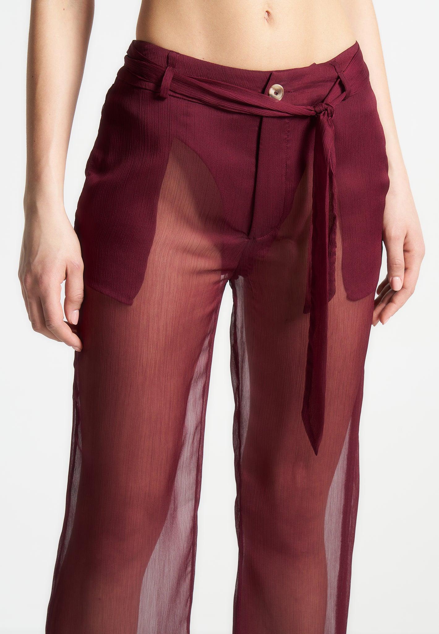 Sheer Belted Trousers - Wine Red Female Product Image