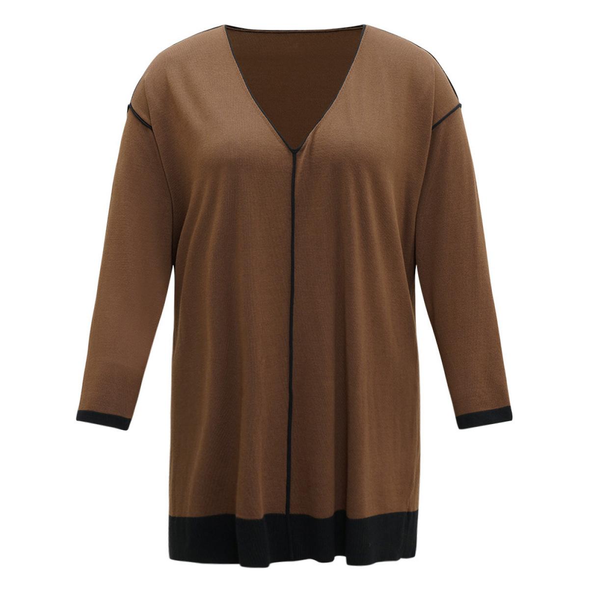 Plus Size Contrast Seam Detail Drop Shoulder Pullover DarkBrown Women Casual Loose Sleeveless V-neck Dailywear Pullovers BloomChic 30/6X Product Image
