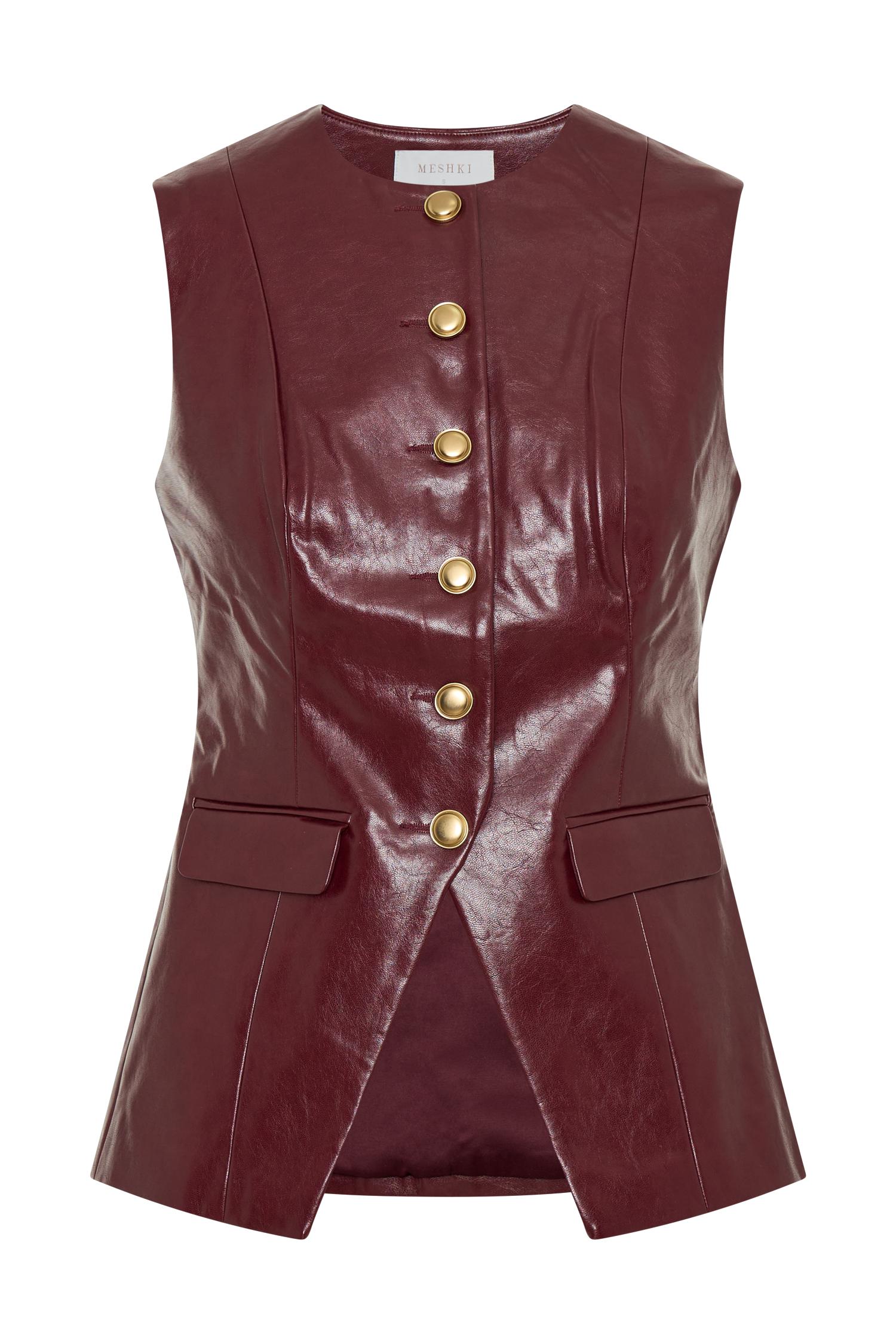 Coralia Faux Leather Sleeveless Vest - Cherry Red Product Image