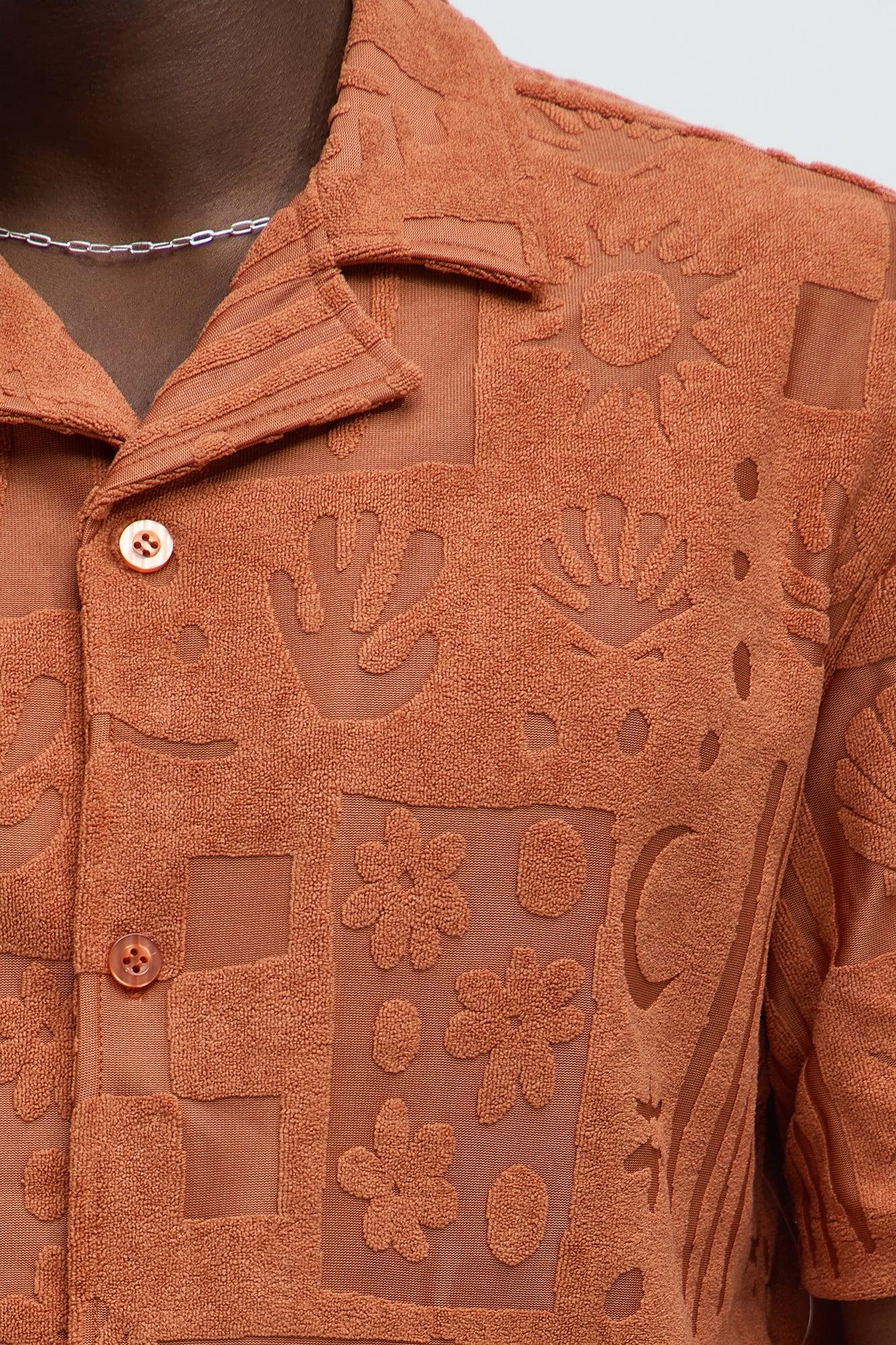 Tropical Trees Jacquard Short Sleeve Button Up Shirt - Rust Product Image