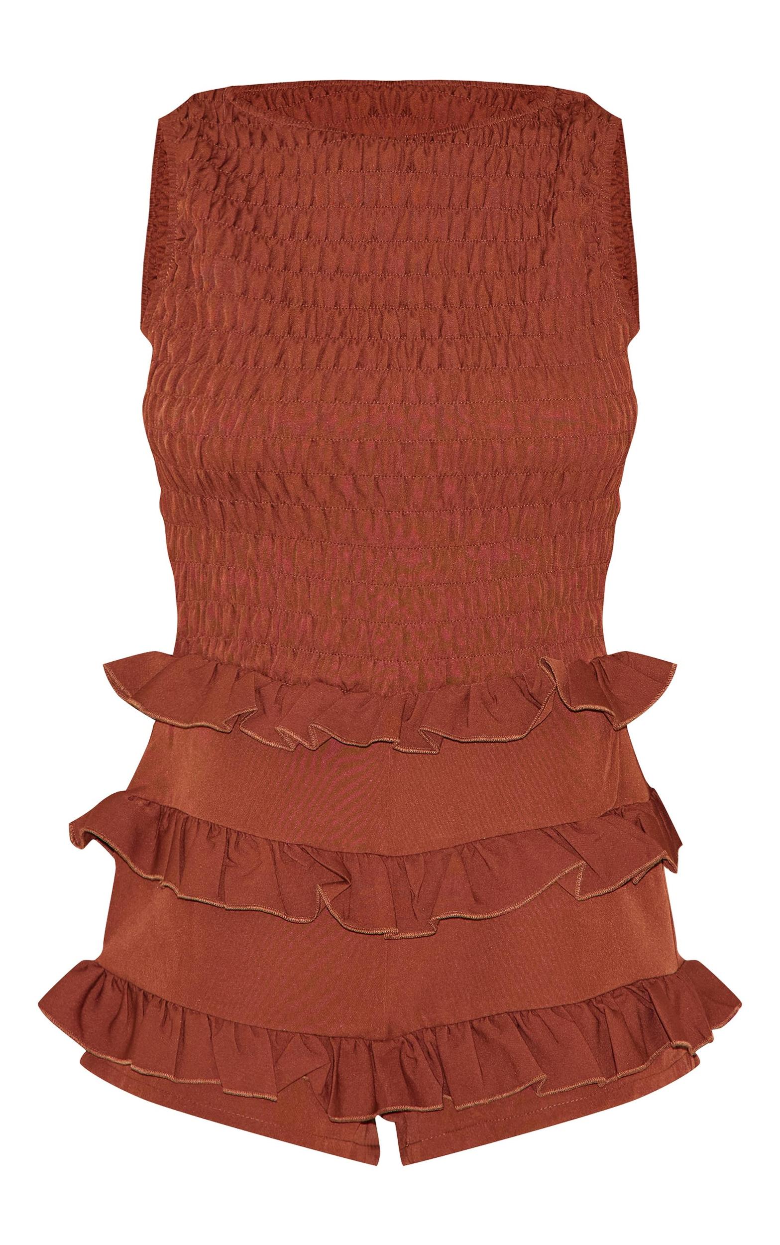 Chocolate Woven Shirred Boat Neck Romper Product Image