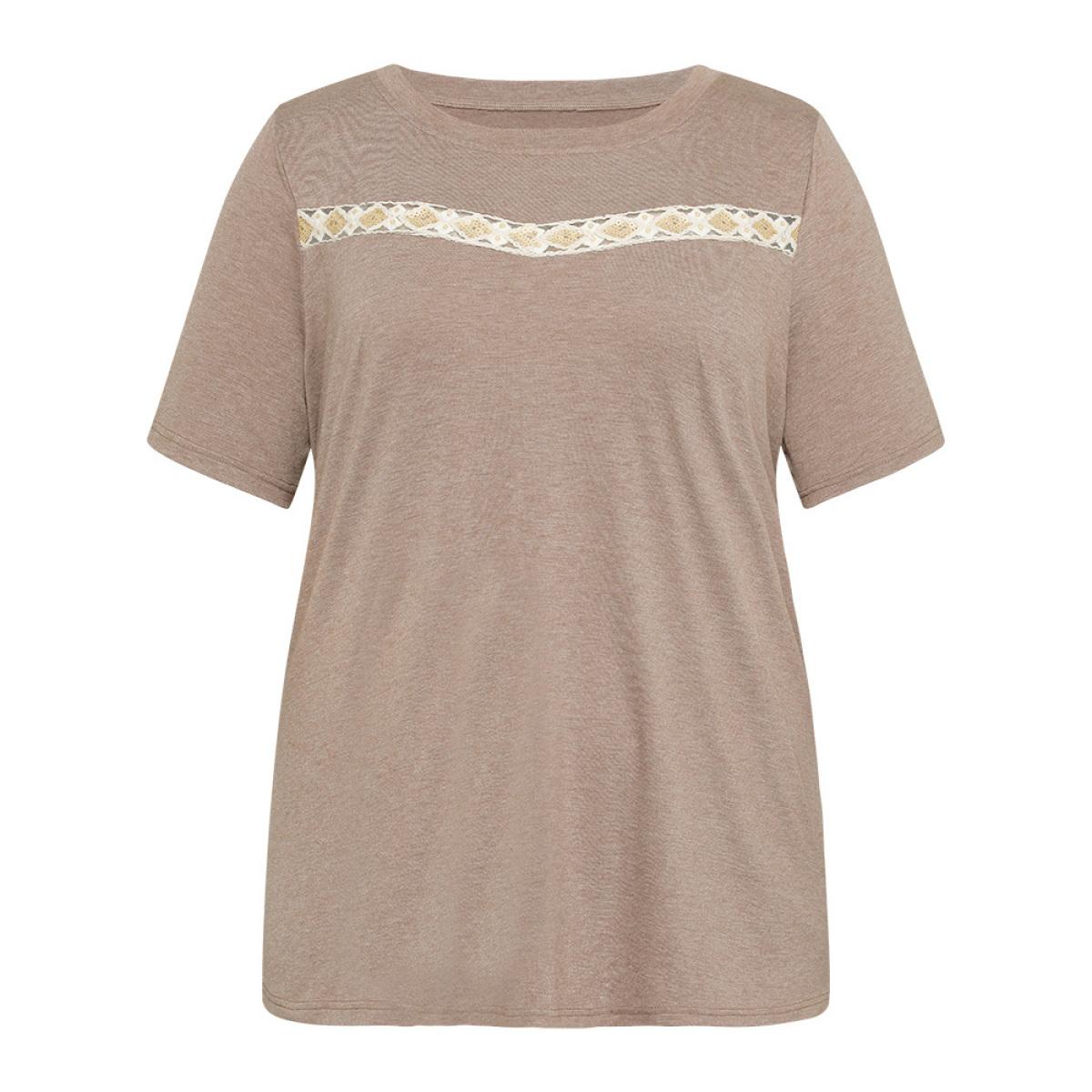 Plus Size Lace Panel Contrast Round Neck T-shirt DarkBrown Women Casual Heather Plain Round Neck Dailywear T-shirts BloomChic 18-20/2X Product Image