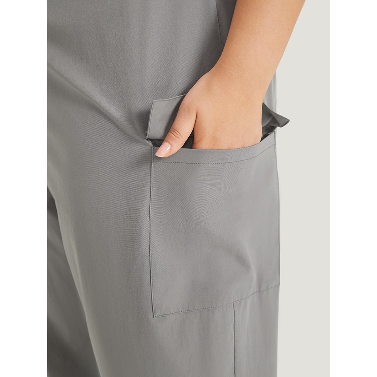 Plus Size Gray Solid Flap Pocket Drawstring Side Overall Jumpsuit Women Casual Sleeveless Spaghetti Strap Dailywear Loose Jumpsuits BloomChic 26/4X Product Image