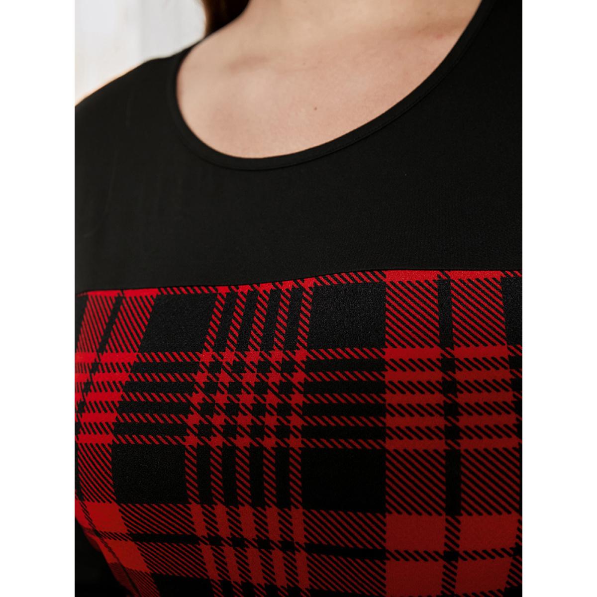 Plus Size Plaid Patchwork Round Neck Pocket Belted Dress Red Women Elegant Patchwork Round Neck Long Sleeve Curvy Midi Dress BloomChic 22-24/3X Product Image