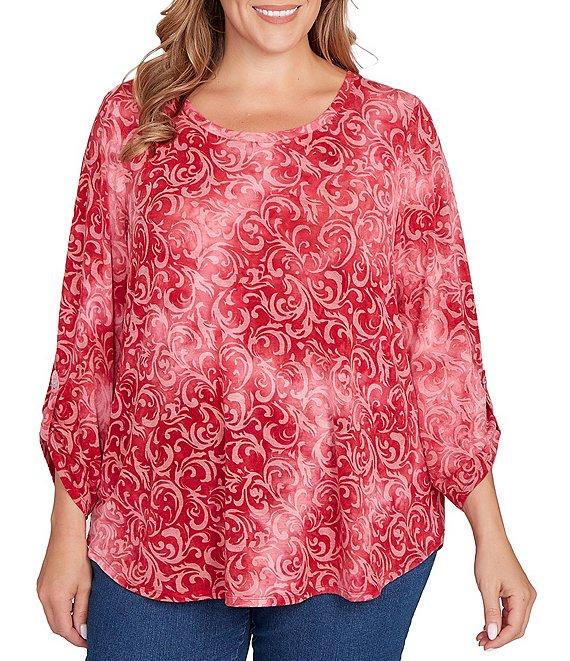 Ruby Rd. Plus Size Textured Knit Tie-Dye Scroll Floral Burnout Boat Neck 3/4 Roll-Tab Sleeve Top Product Image