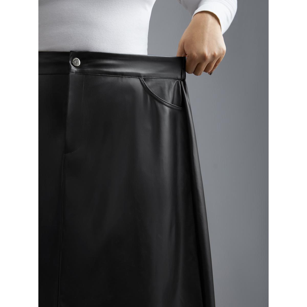 Plus Size PU Leather Elastic Waist Split Hem Skirt Women Black Elegant Slit Low stretch Slanted pocket Everyday Skirts BloomChic 28/5X Product Image