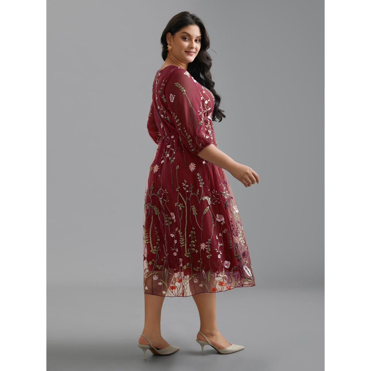 Plus Size Floral Embroidered Elastic Waist Lined Midi Dress Burgundy Women Formal Texture Party Curvy Bloomchic 28/5X Product Image