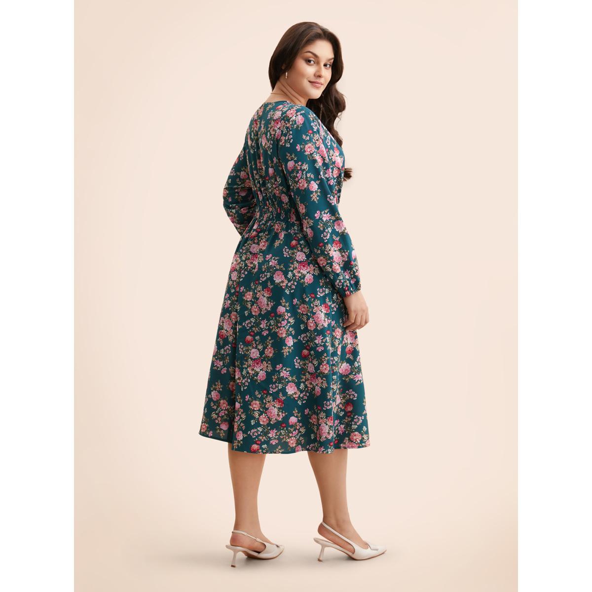 Plus Size Floral Overlap Collar Gathered Dress Aegean Women Elegant Shirred Overlap Collar Long Sleeve Curvy BloomChic 26/4X Product Image
