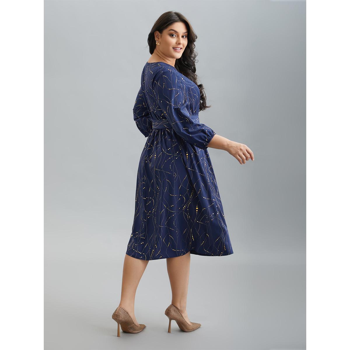 Plus Size Glitter Notched Collar Belted Midi Dress Indigo Women Elegant Texture Notched collar Elbow-length sleeve Curvy BloomChic 18-20/2X Product Image