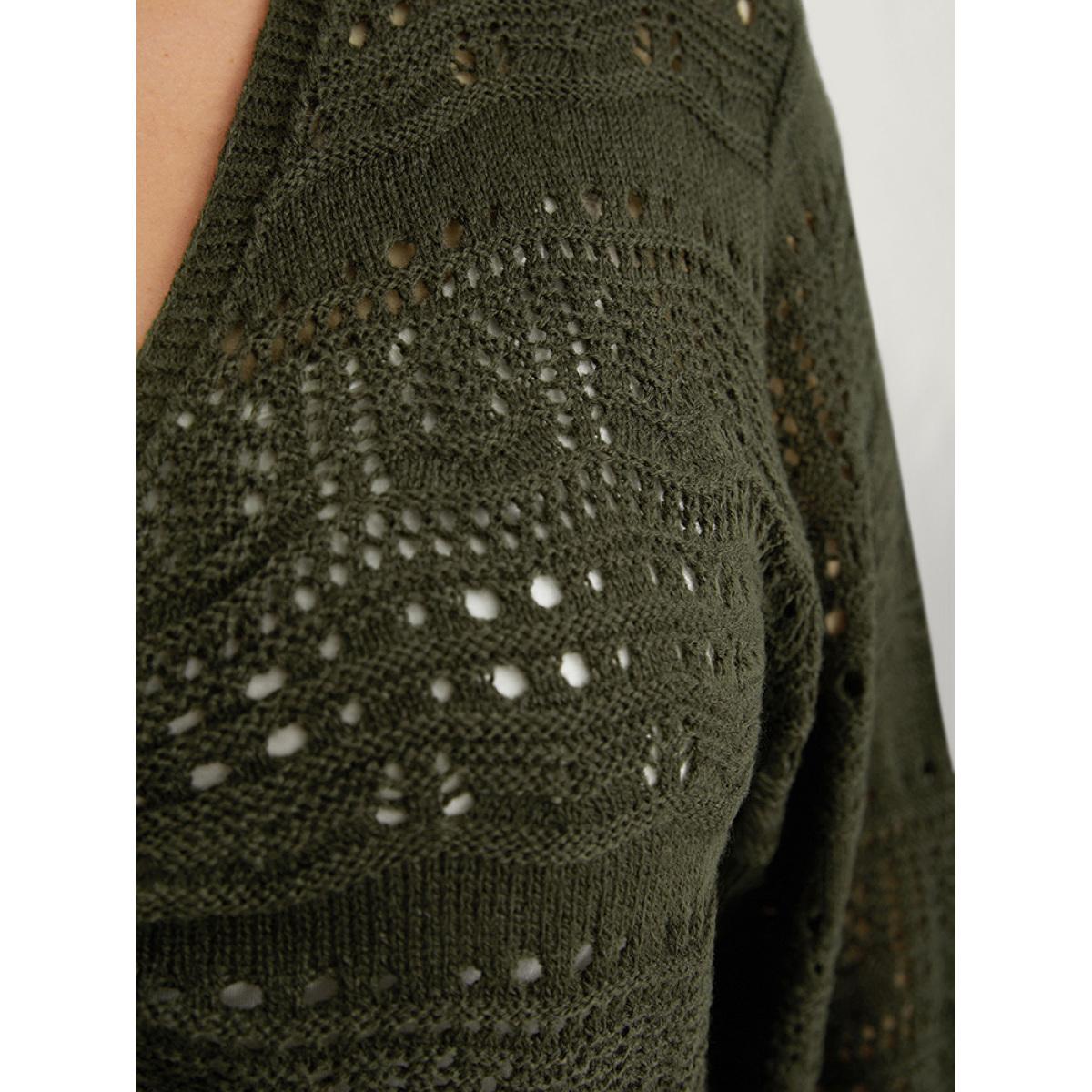 Plus Size Plain Drawstring Hem V Neck Pullover ArmyGreen Women Casual Loose Long Sleeve V-neck Everyday Pullovers BloomChic 26/4X Product Image