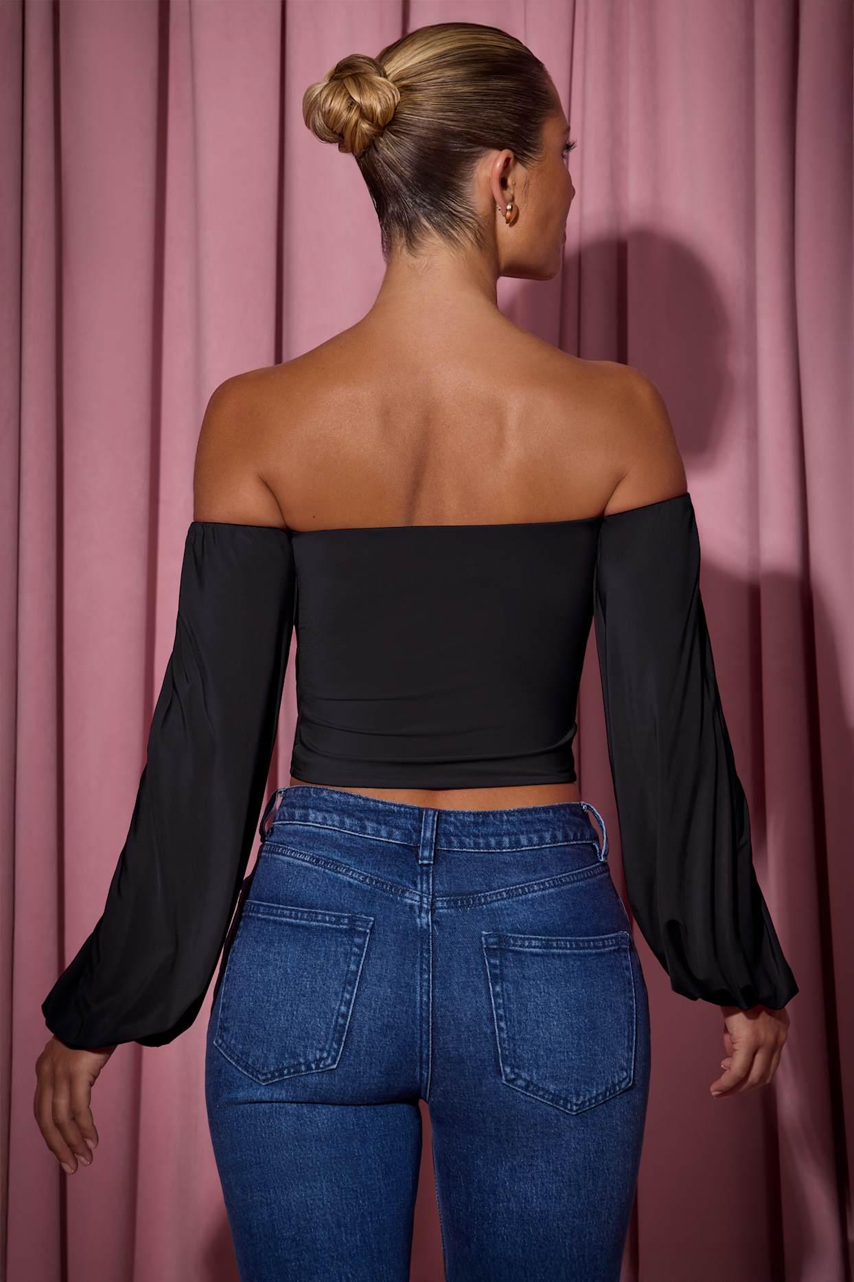 Off-Shoulder Draped Balloon-Sleeve Top in Black Female Product Image